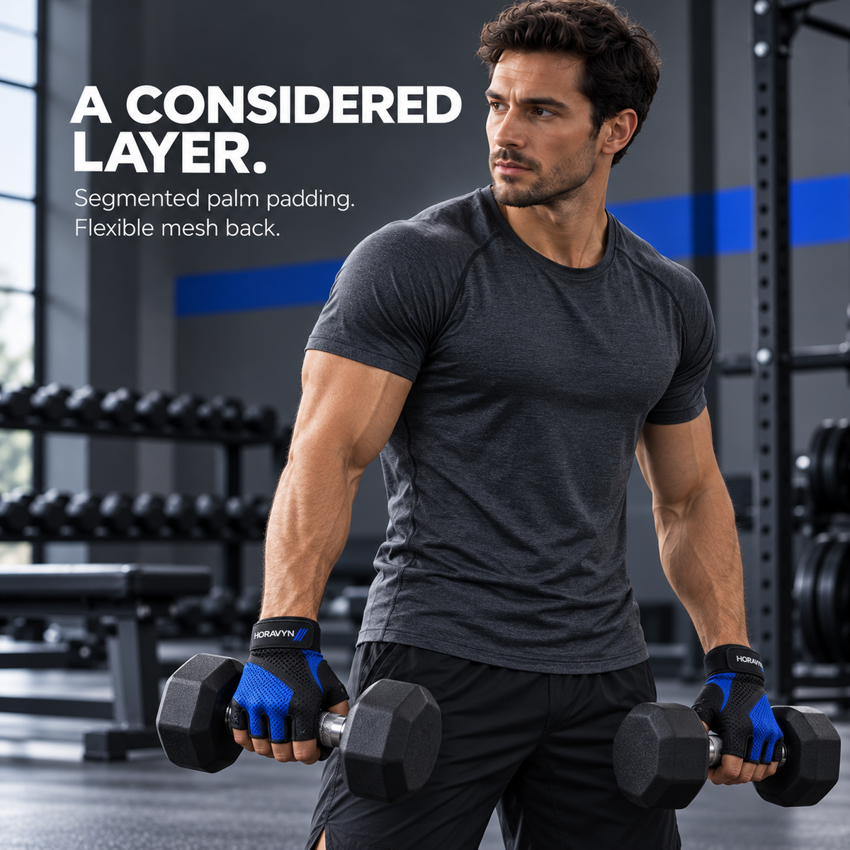 HORAVYN™ REVIK Fingerless Workout Gloves — Padded Palm Weightlifting Gloves with Adjustable Wrist Closure for Dumbbells & Gym Machines, Pair