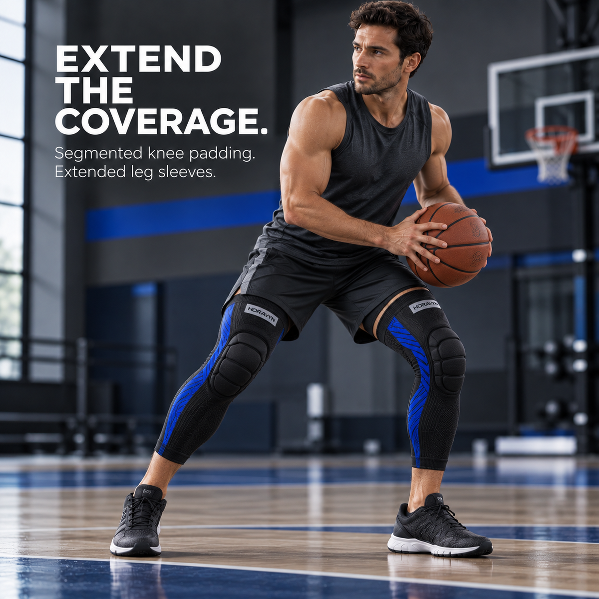 HORAVYN™ VAYRON Padded Basketball Leg Sleeves — Extended Knee Sleeves with Segmented Foam Padding for Adult Court Practice, Pair
