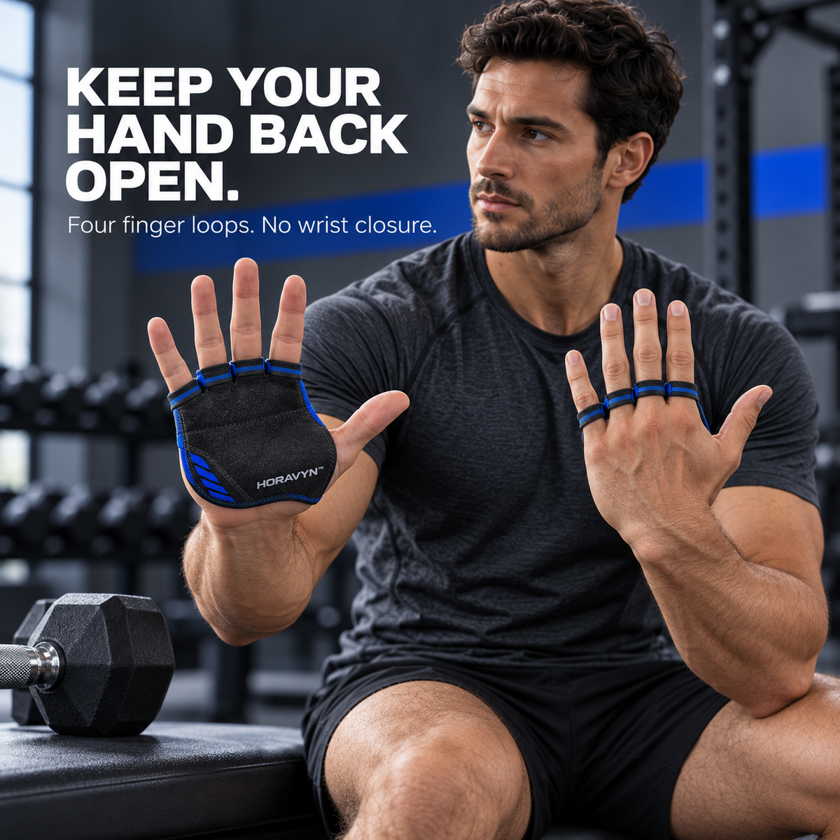 HORAVYN™ TALVEN Workout Grip Pads — Open-Back Palm Guards with Finger Loops for Dumbbells, Cable Handles & Gym Training, Pair