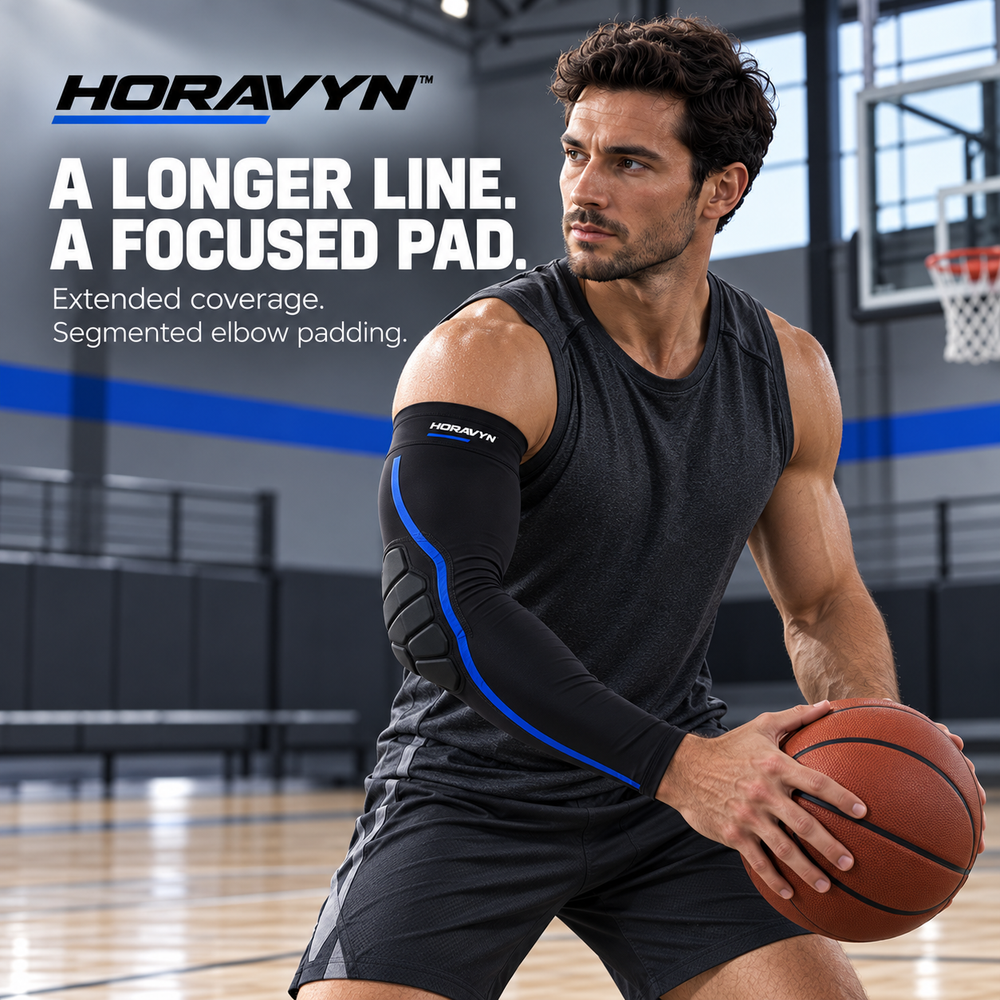HORAVYN™ ROVIK Padded Basketball Arm Sleeve — Full-Length Stretch Shooting Sleeve with Segmented Elbow Padding, Single Sleeve