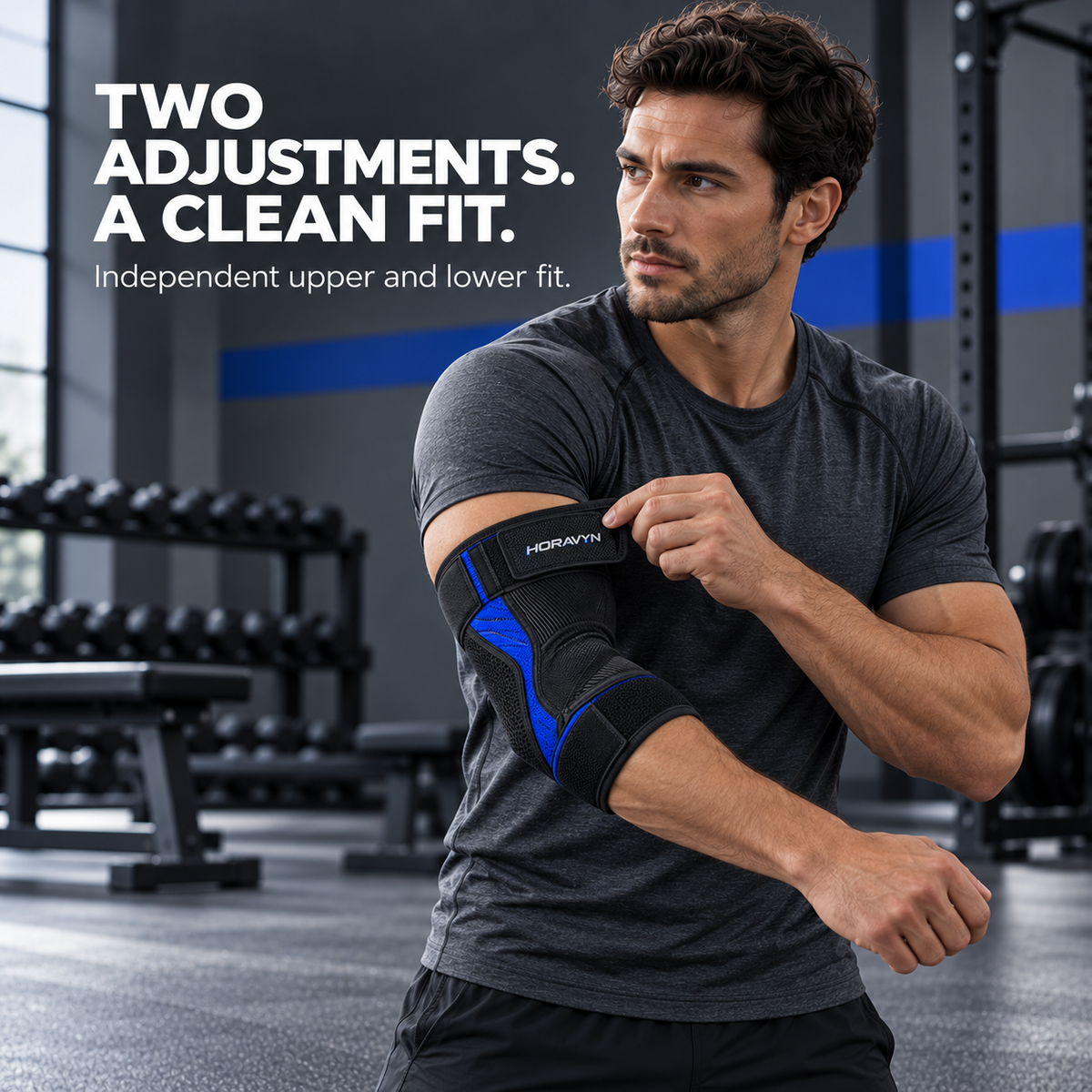 HORAVYN™ KELTOR Adjustable Elbow Support Wrap — Open-Wrap Athletic Elbow Sleeve with Dual Closure Tabs for Gym & Recreational Use
