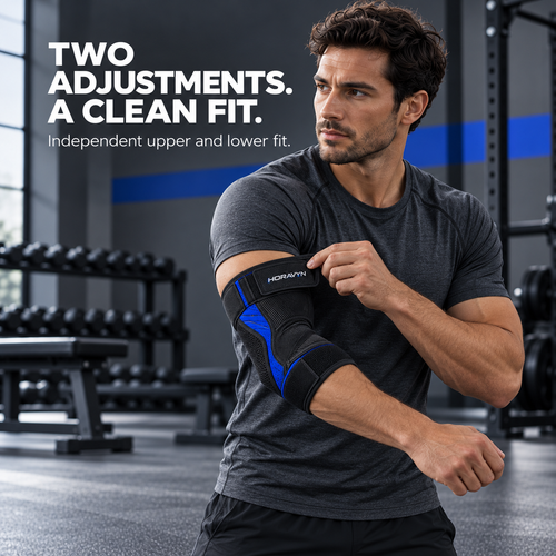 HORAVYN™ KELTOR Adjustable Elbow Support Wrap — Open-Wrap Athletic Elbow Sleeve with Dual Closure Tabs for Gym & Recreational Use