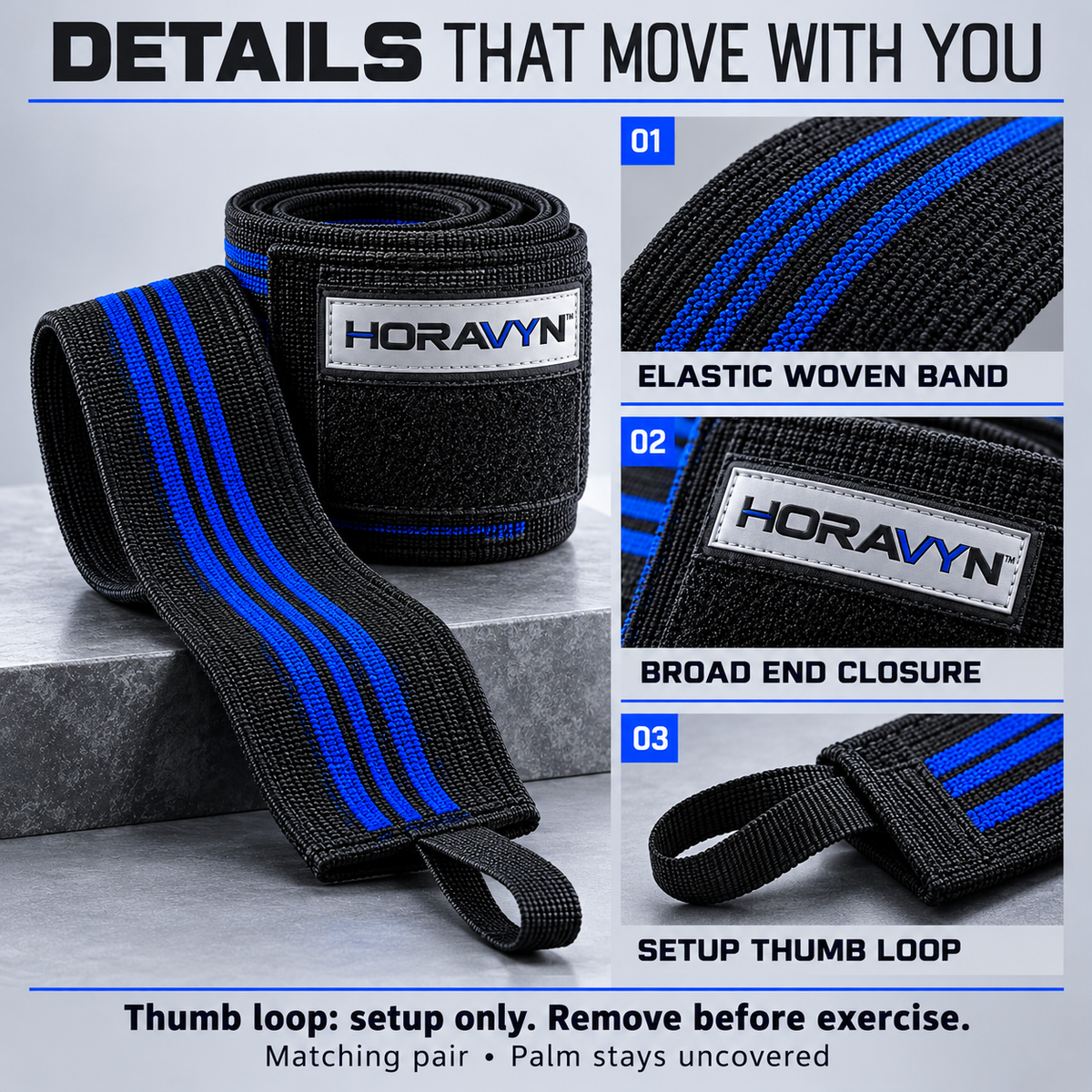HORAVYN™ NORYX 18-Inch Weightlifting Wrist Wraps — Adjustable Elastic Training Wraps with Thumb Loops for Gym & Strength Workouts, Pair