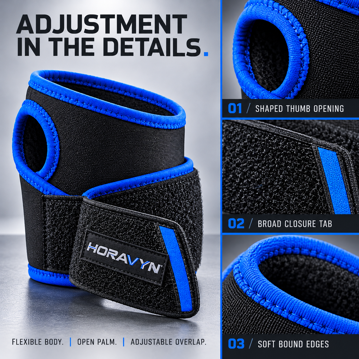 HORAVYN™ TORVEN Adjustable Wrist Support Wrap — Flexible Wraparound Sports Wrist Support with Thumb Opening, Single Wrap