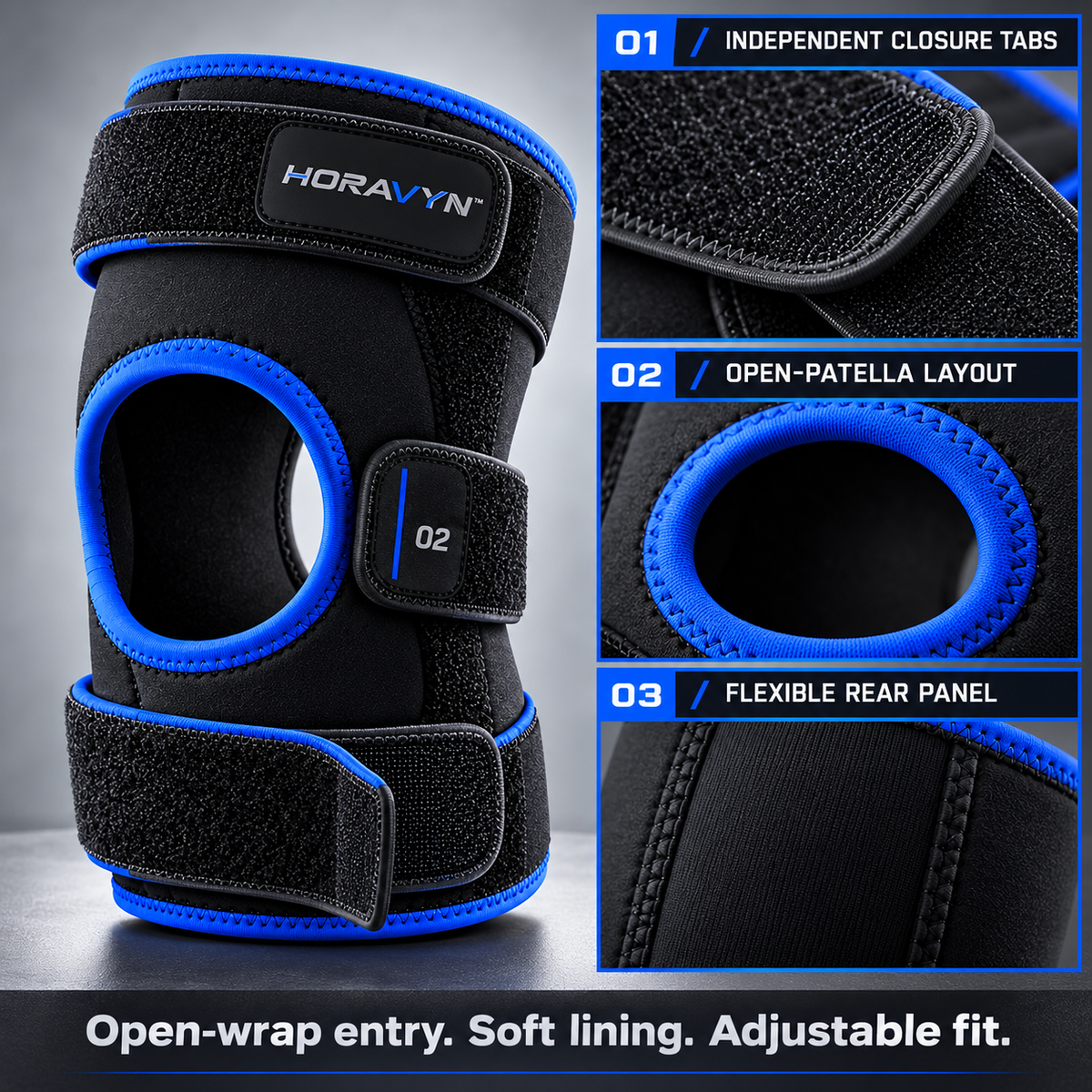 HORAVYN™ ORVEX Adjustable Knee Support Wrap — Open-Patella Wraparound Knee Sleeve with Three-Strap Closure for Adult Athletic Use