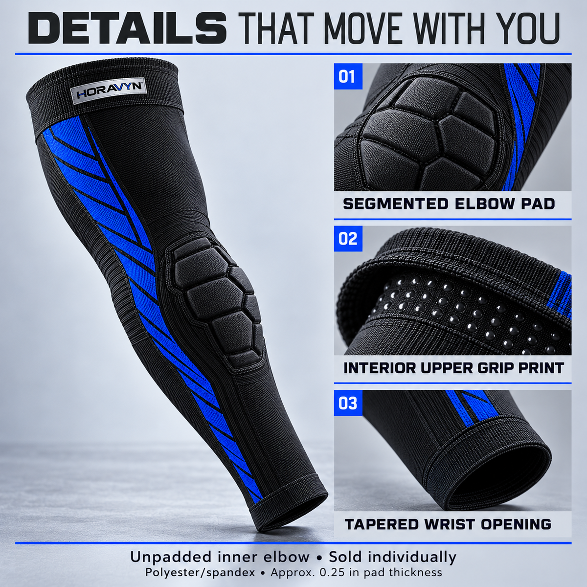 HORAVYN™ ROVIK Padded Basketball Arm Sleeve — Full-Length Stretch Shooting Sleeve with Segmented Elbow Padding, Single Sleeve