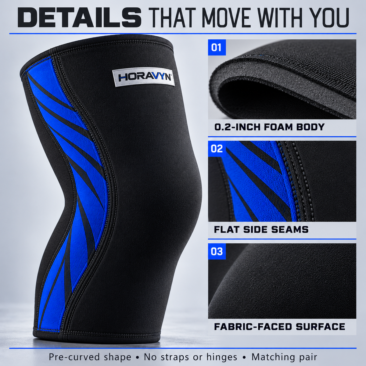 HORAVYN™ VORDEX Weightlifting Knee Sleeves — 0.2-Inch Neoprene Knee Supports for Squats, Gym Training & Strength Workouts, Pair