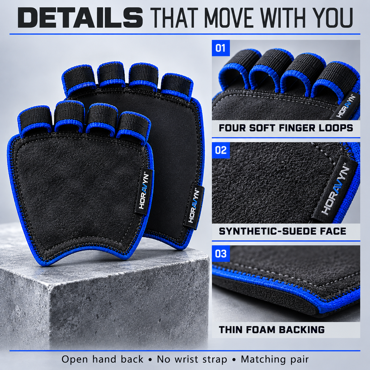 HORAVYN™ TALVEN Workout Grip Pads — Open-Back Palm Guards with Finger Loops for Dumbbells, Cable Handles & Gym Training, Pair