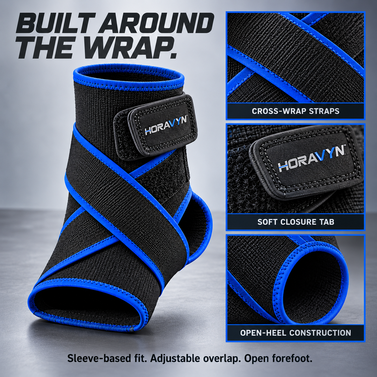 HORAVYN™ MAVREK Adjustable Ankle Support — Open-Heel Ankle Sleeve with Cross-Wrap Straps for Gym & Recreational Activity, Single