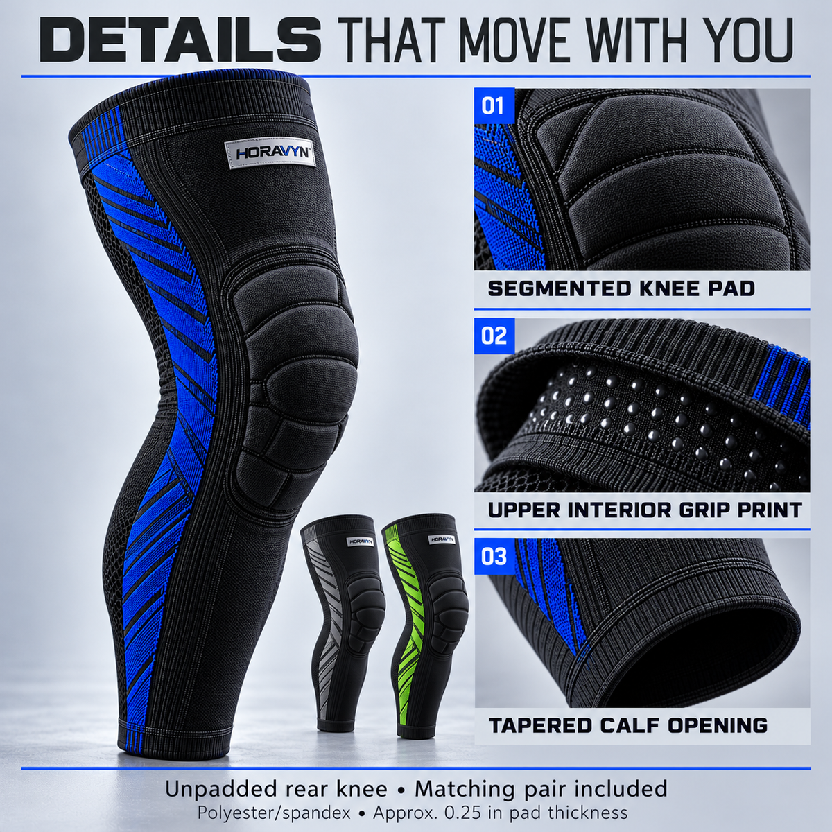 HORAVYN™ VAYRON Padded Basketball Leg Sleeves — Extended Knee Sleeves with Segmented Foam Padding for Adult Court Practice, Pair