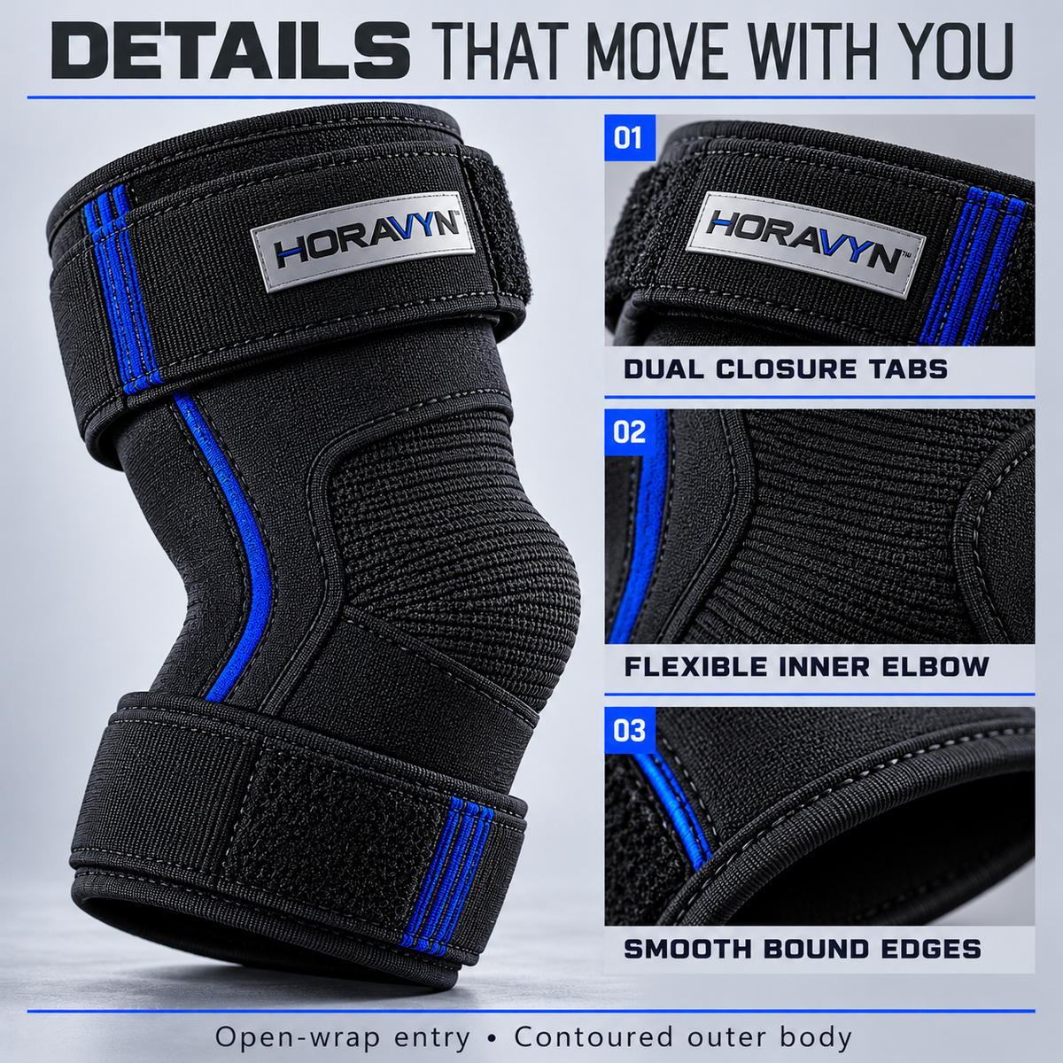 HORAVYN™ KELTOR Adjustable Elbow Support Wrap — Open-Wrap Athletic Elbow Sleeve with Dual Closure Tabs for Gym & Recreational Use