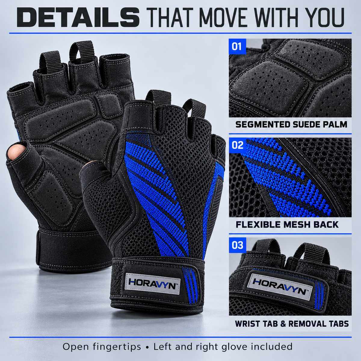 HORAVYN™ REVIK Fingerless Workout Gloves — Padded Palm Weightlifting Gloves with Adjustable Wrist Closure for Dumbbells & Gym Machines, Pair