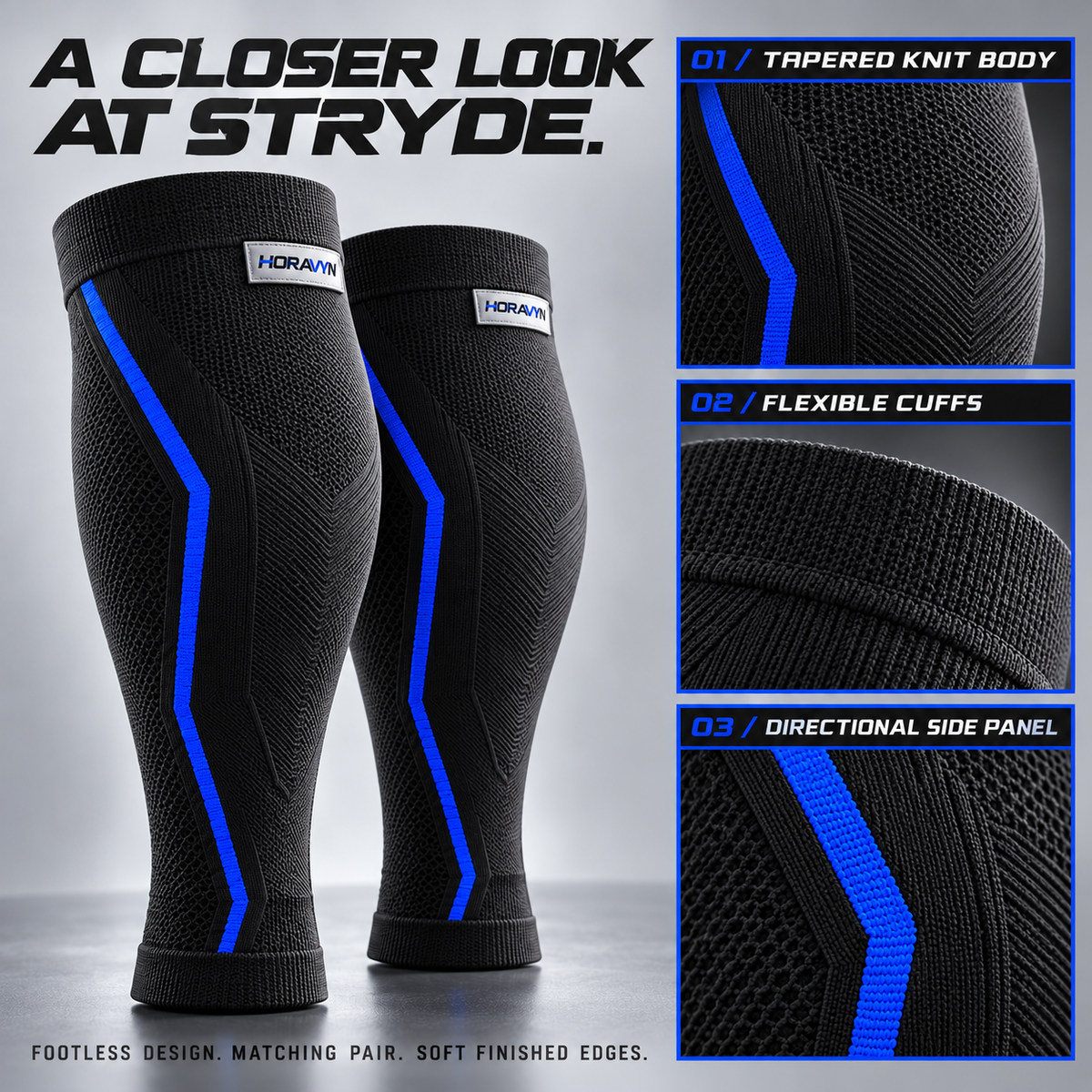 HORAVYN™ STRYDE Calf Compression Sleeves — Footless Knit Lower-Leg Sleeves for Walking, Running Warm-Ups & Gym Training, Pair