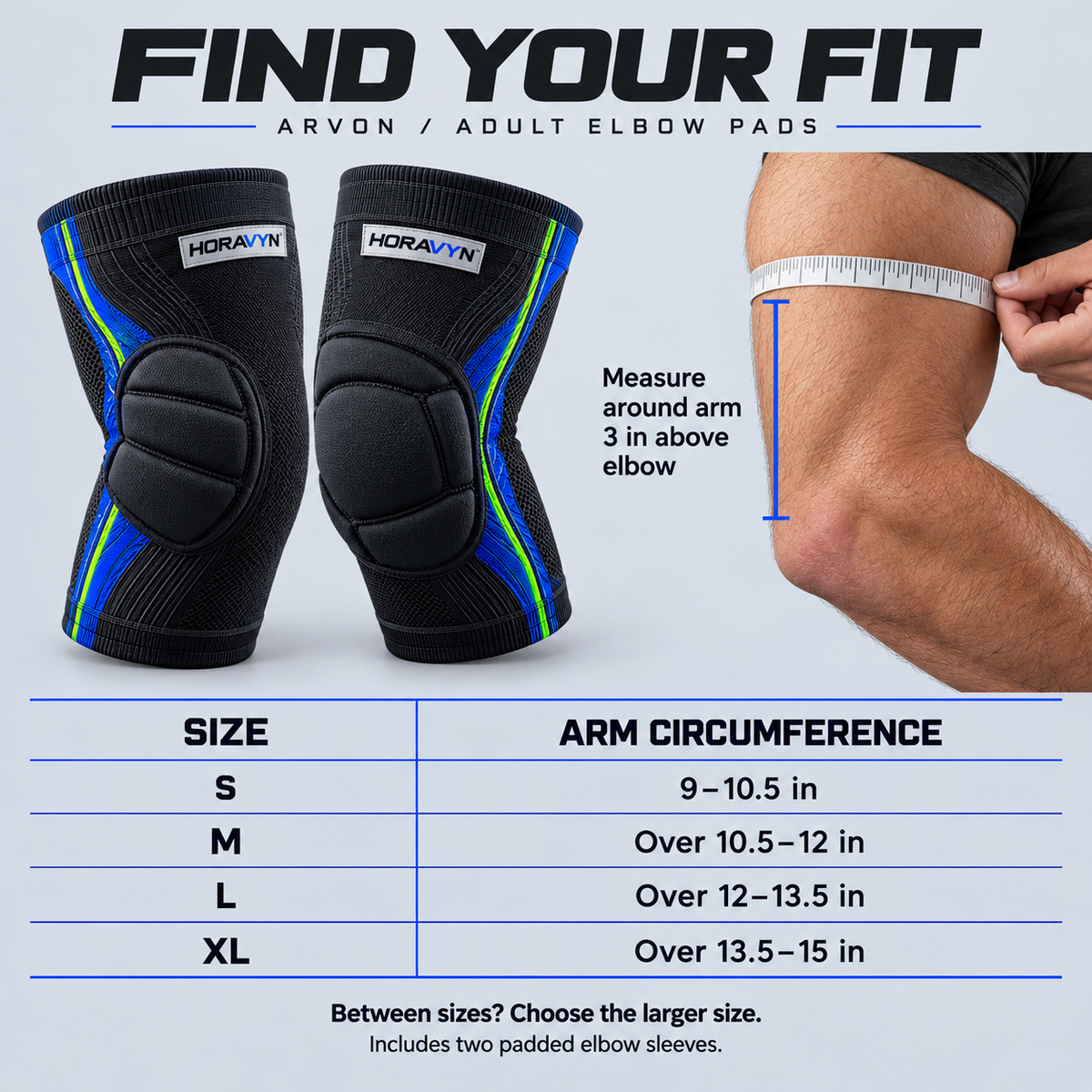 HORAVYN™ ARVON Padded Elbow Sleeves — Flexible Foam Elbow Pads for Adult Volleyball & Indoor Court Practice, Pair