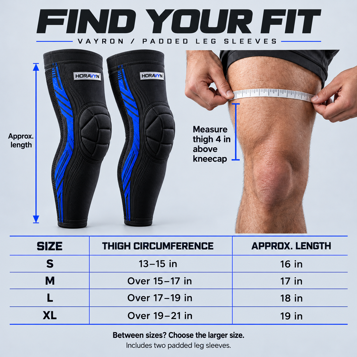HORAVYN™ VAYRON Padded Basketball Leg Sleeves — Extended Knee Sleeves with Segmented Foam Padding for Adult Court Practice, Pair