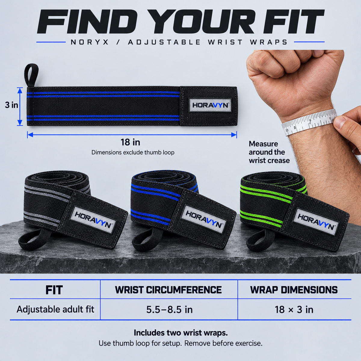 HORAVYN™ NORYX 18-Inch Weightlifting Wrist Wraps — Adjustable Elastic Training Wraps with Thumb Loops for Gym & Strength Workouts, Pair