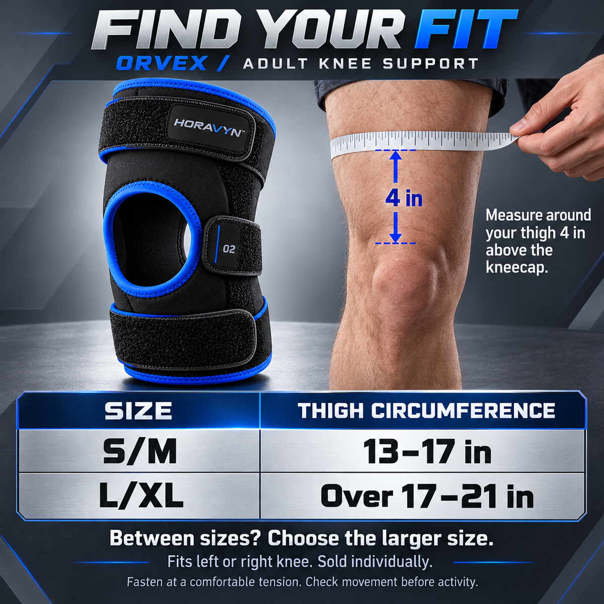 HORAVYN™ ORVEX Adjustable Knee Support Wrap — Open-Patella Wraparound Knee Sleeve with Three-Strap Closure for Adult Athletic Use